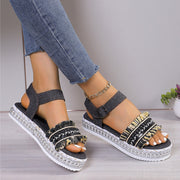 Fashion Tassel Denim Sandals With Thick-soled Flat Heel New Summer Hemp Rope Sole Ethnic Style Shoes For Women