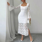 Fashionable Lace-Patchwork Square-Neck Flared-Sleeve Bodycon Dress