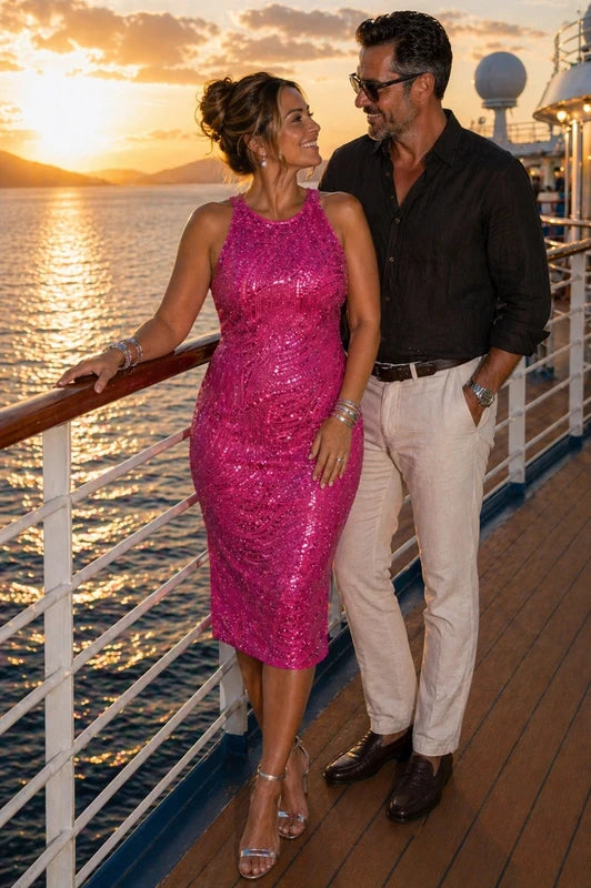 Fusica Pink Sequin Backless Midi Occasion Dress