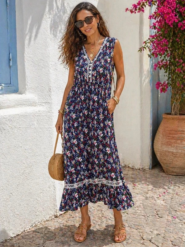 Navy Floral Midi Dress with Lace Detail