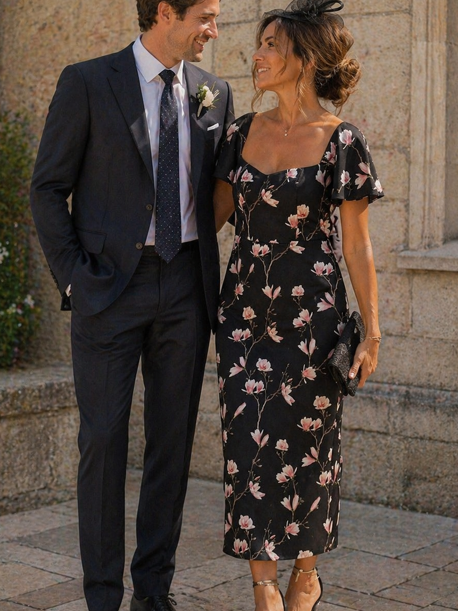 Black & Pink Floral Occasion Midi Dress