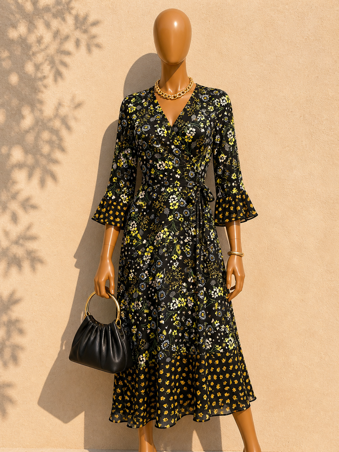 Yellow Black Floral Midi Wrap Dress