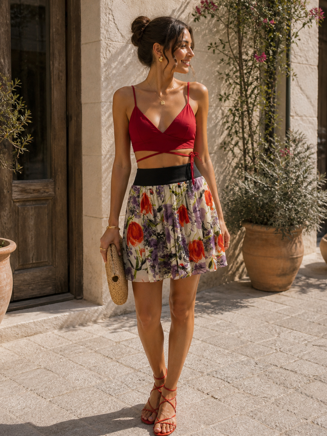 Floral Silk Band Summer Skirt