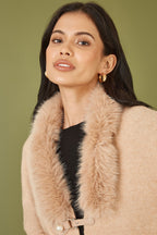 Yumi Oatmeal Cardigan With Detachable Fur Collar Trim