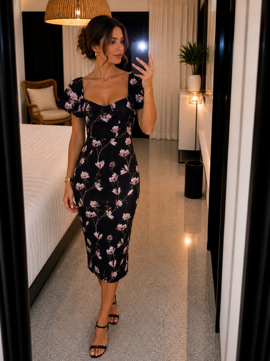Black & Pink Floral Occasion Midi Dress