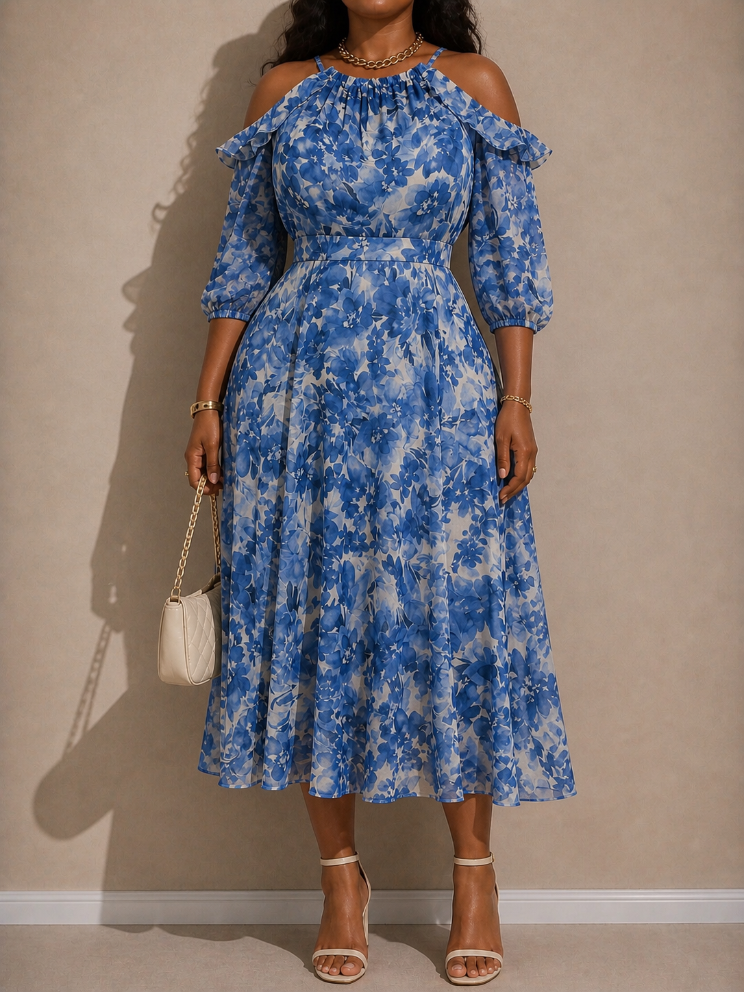Blue Floral Cold Shoulder Maxi Dress
