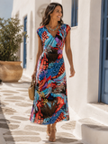 Abstract blue red multi maxi dress v neck