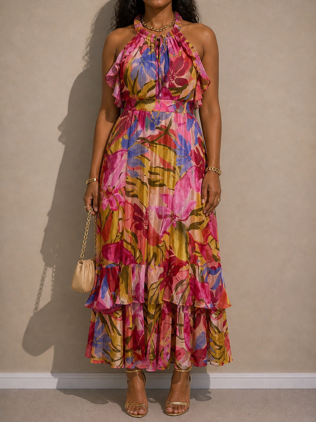 Colourful Abstract Frill Halter Maxi Dress