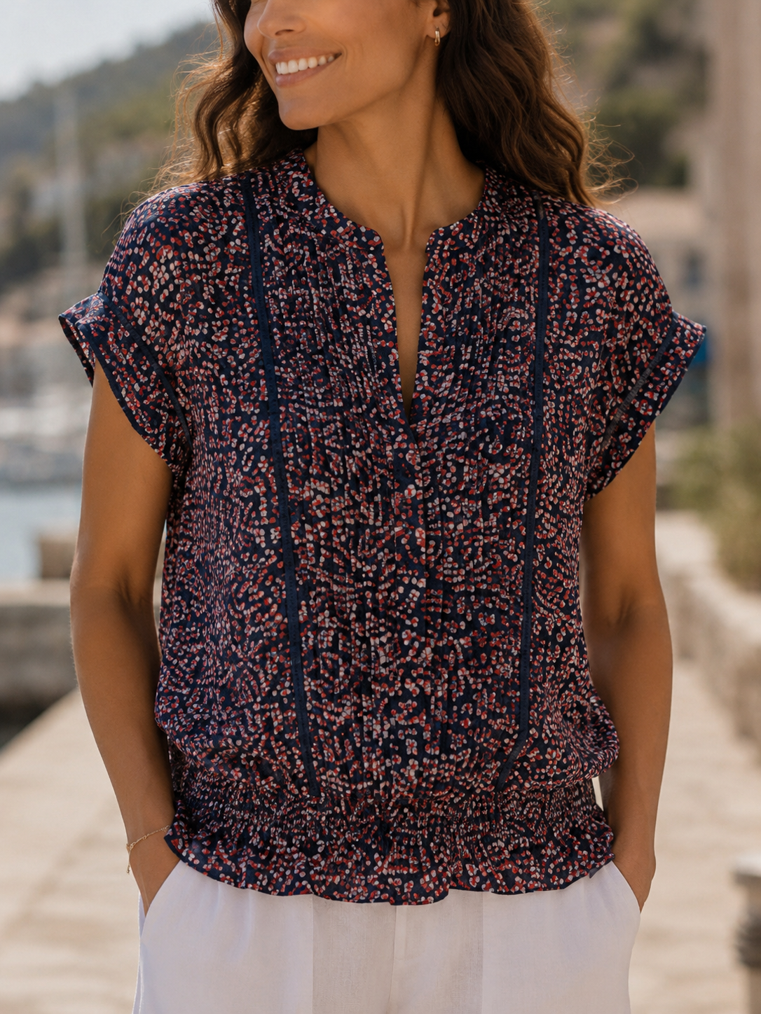 Navy purple ditsy floral summer blouse