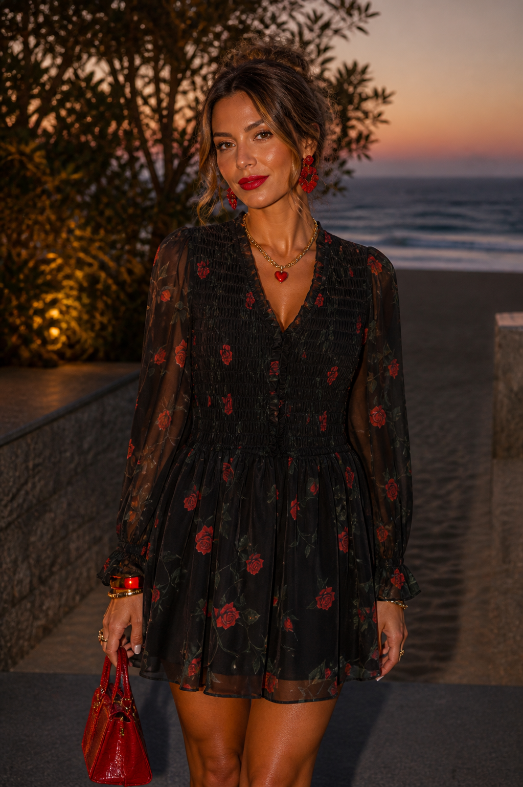 Rose Floral Black Mini Dress