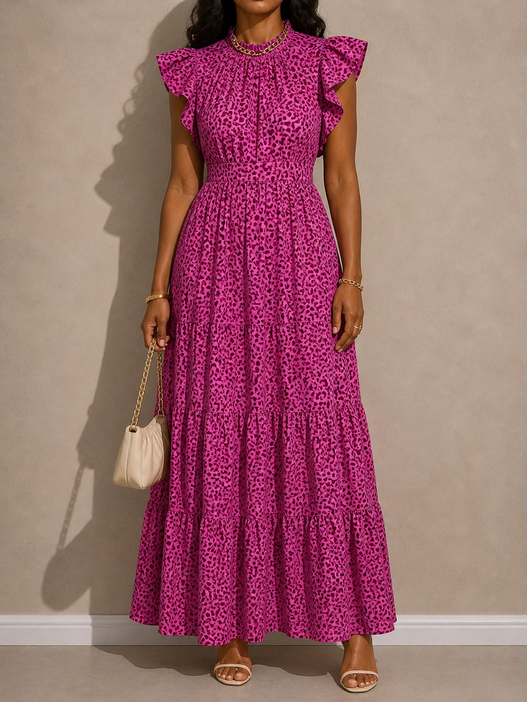 Pink Leopard Print Ruffle Midi Dress