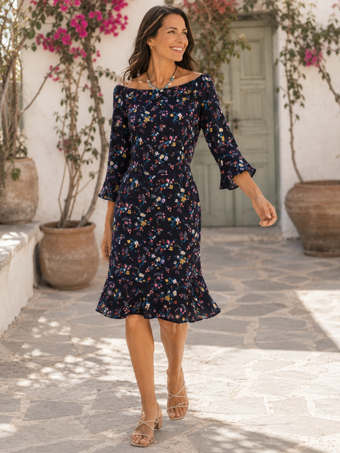 Off the shoulder navy floral midi summer dress