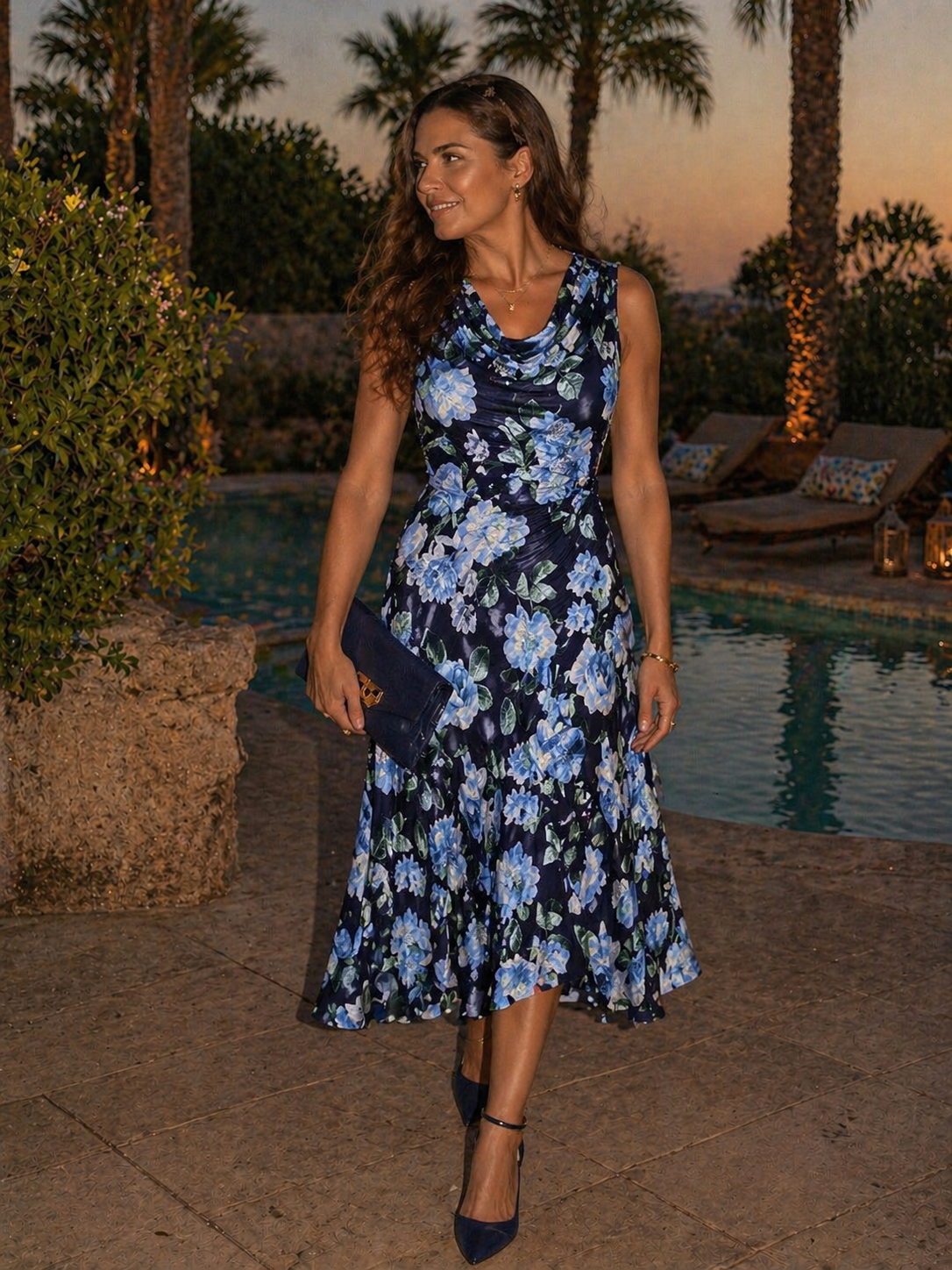 Navy Blue Floral Midi Dress
