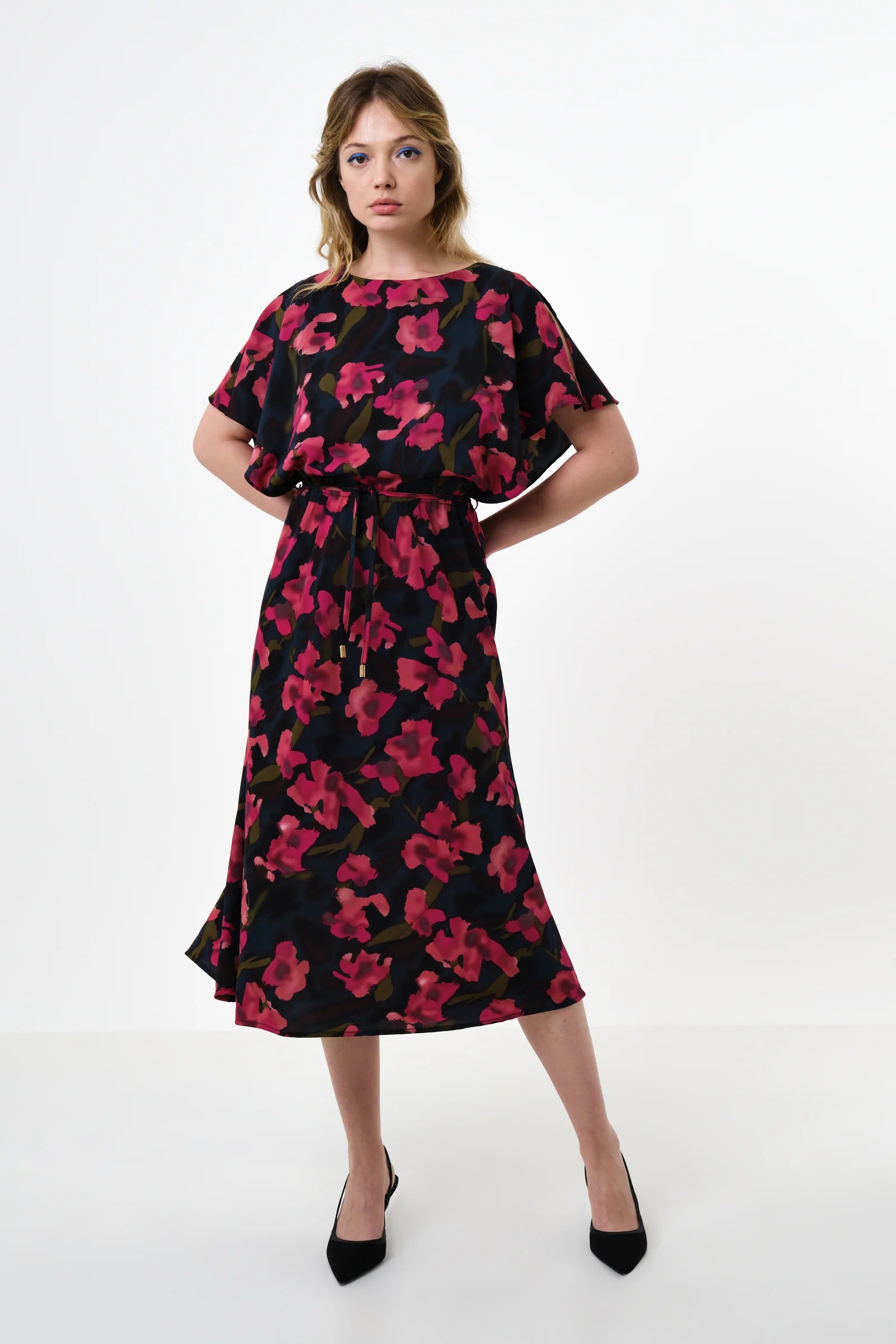 Basford Watermark Floral Print Cape Sleeve Midi Dress