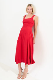 Baya Linen Mix Square Neck Midi Dress - Red