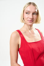 Baya Linen Mix Square Neck Midi Dress - Red