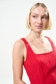 Baya Linen Mix Square Neck Midi Dress - Red
