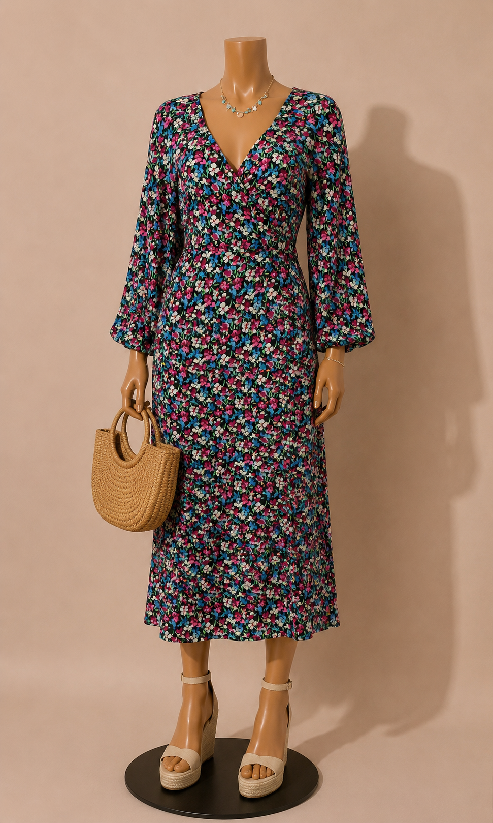 Multi colourful ditsy floral v neck wrap midi dress