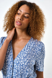 Belen Micro Blossom Print Short Sleeve Jumpsuit In Blue