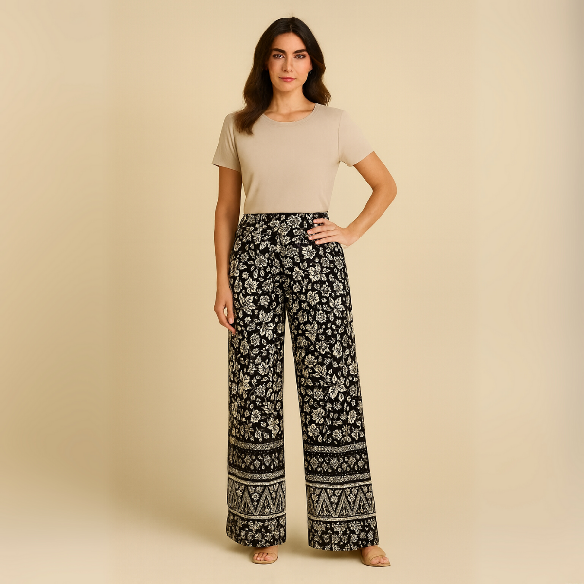 Feature hem wide leg elastic waist palazzo trousers