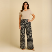 Feature hem wide leg elastic waist palazzo trousers
