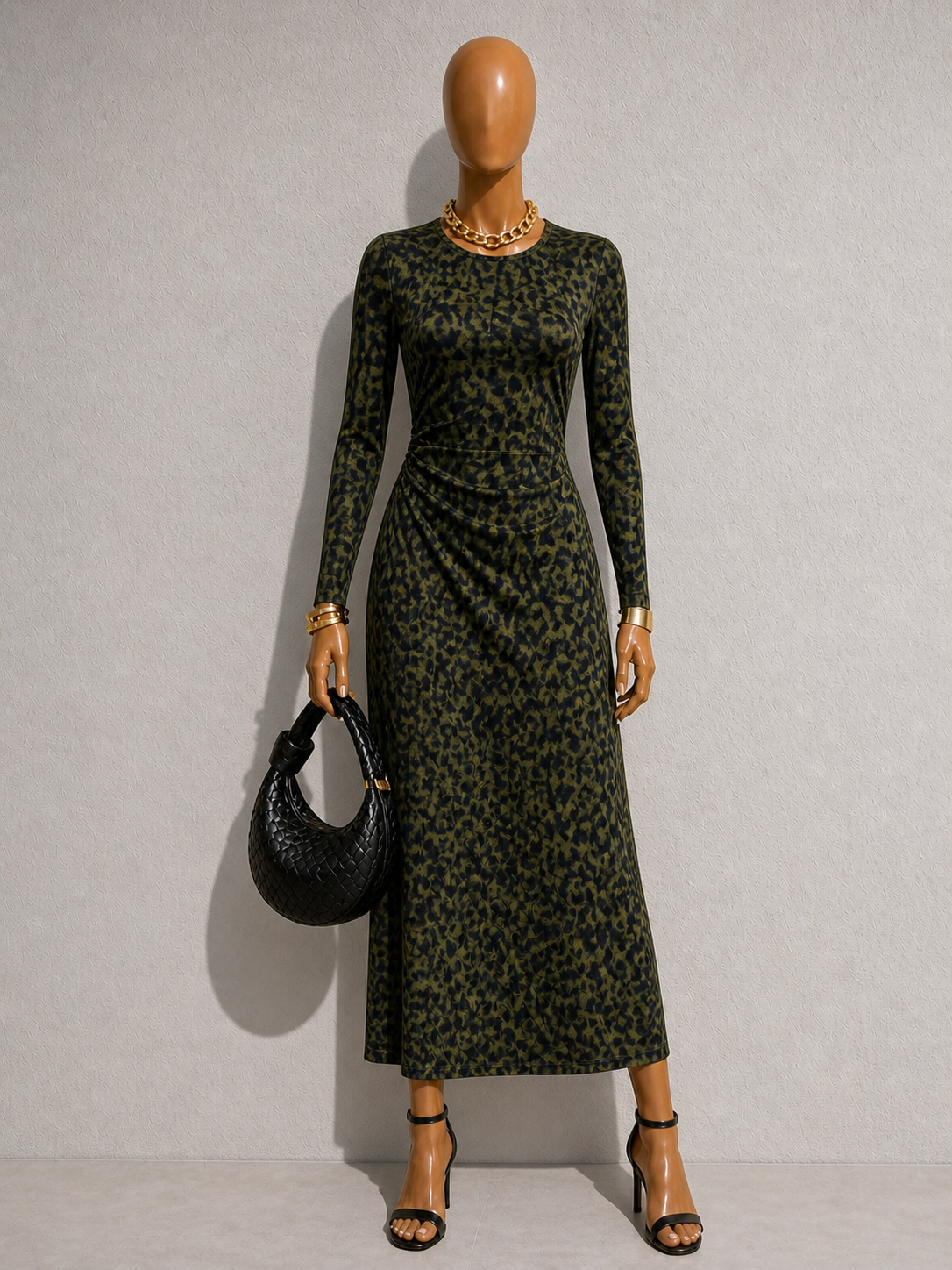 Dark Green Animal Print Long Sleeve Maxi Dress