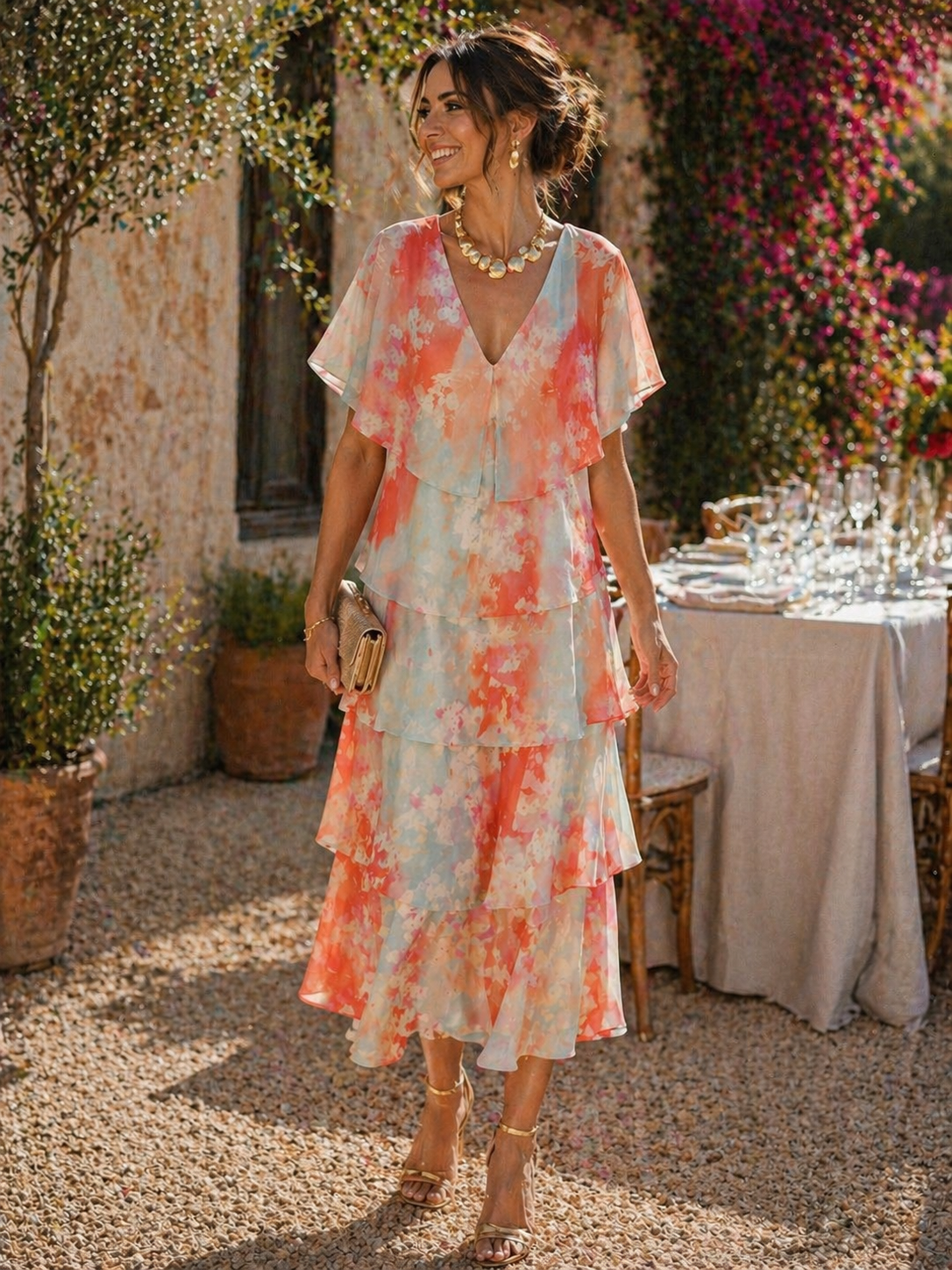 Pastel Teal & Peach Layered Midi Dress