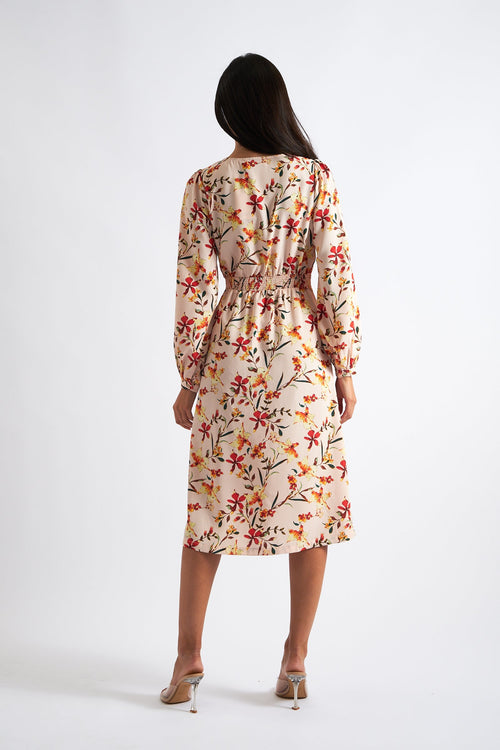 Cinnamon Flower Print Midi Wrap Dress