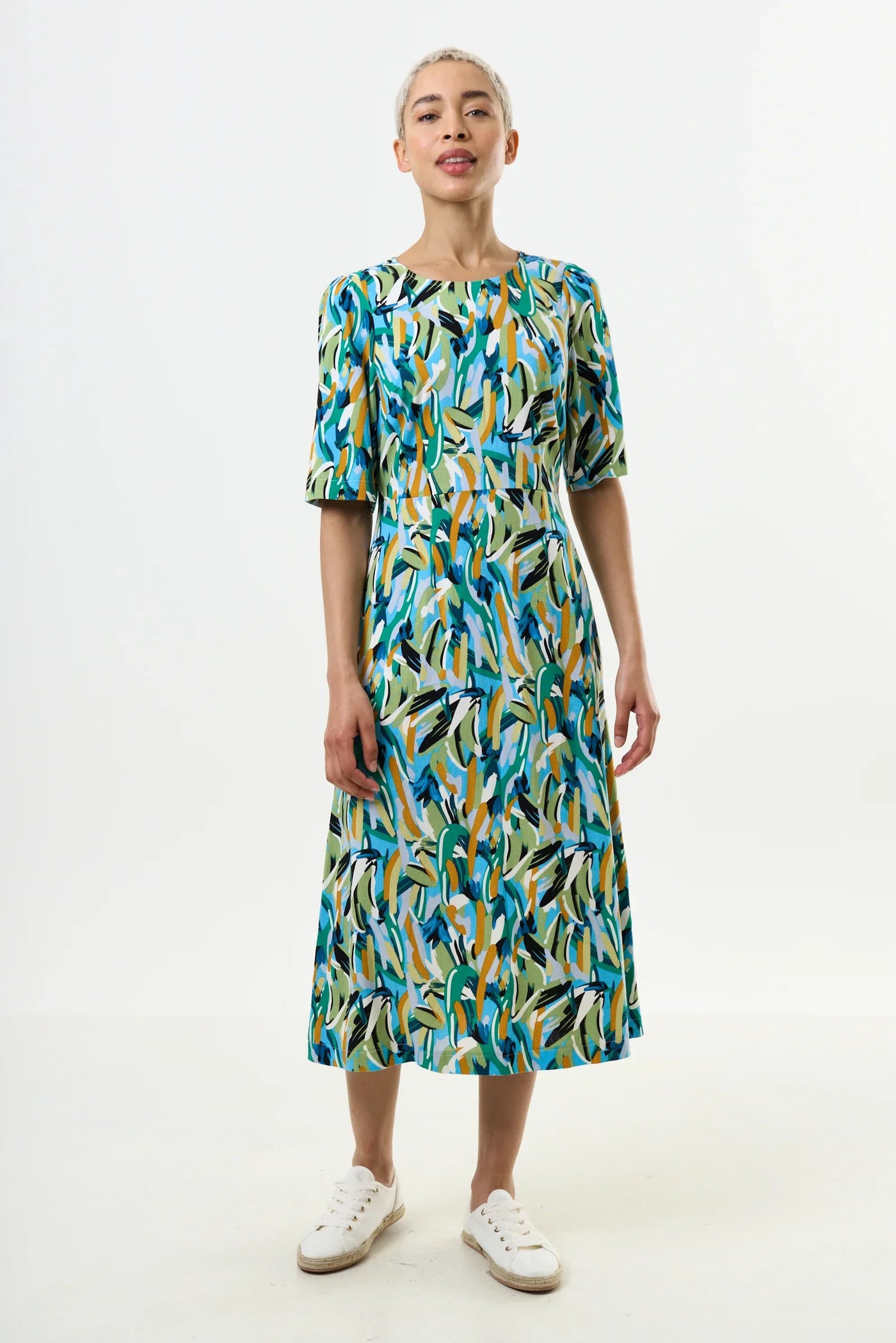 Corrine Brushstroke Print Short Sleeve Midi Dress - Green