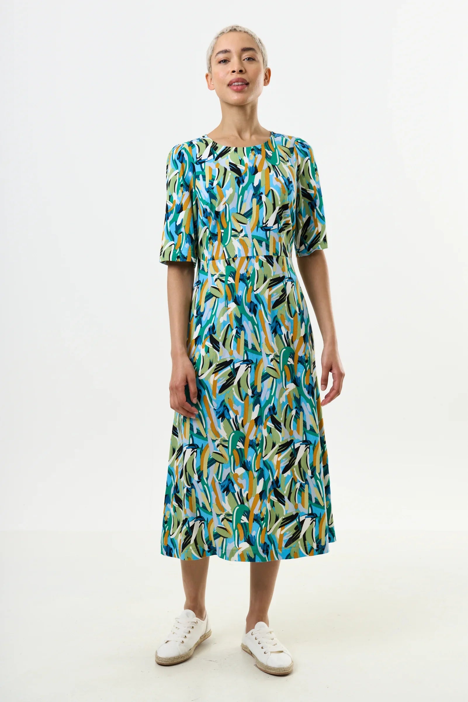 Corrine Brushstroke Print Short Sleeve Midi Dress - Green