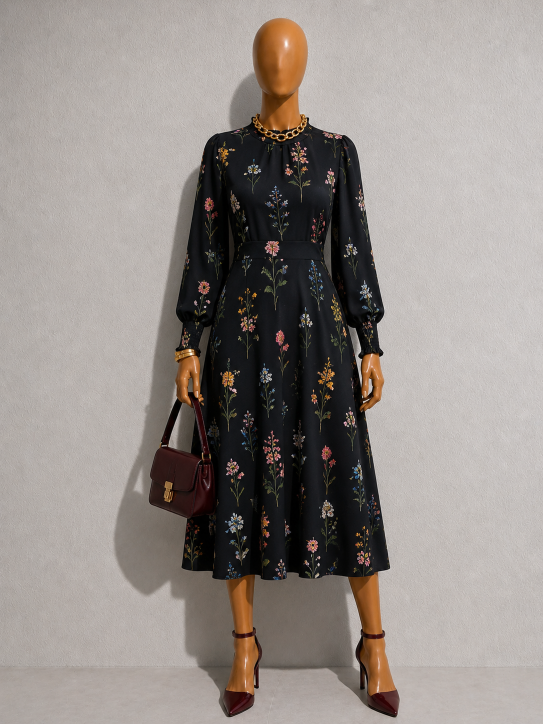 Jessie Flower Press Print Frill Neck Midi Dress