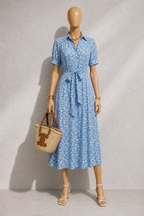 Inesa Negative Floral Print Short Sleeve Midi Shirt Dress - Blue