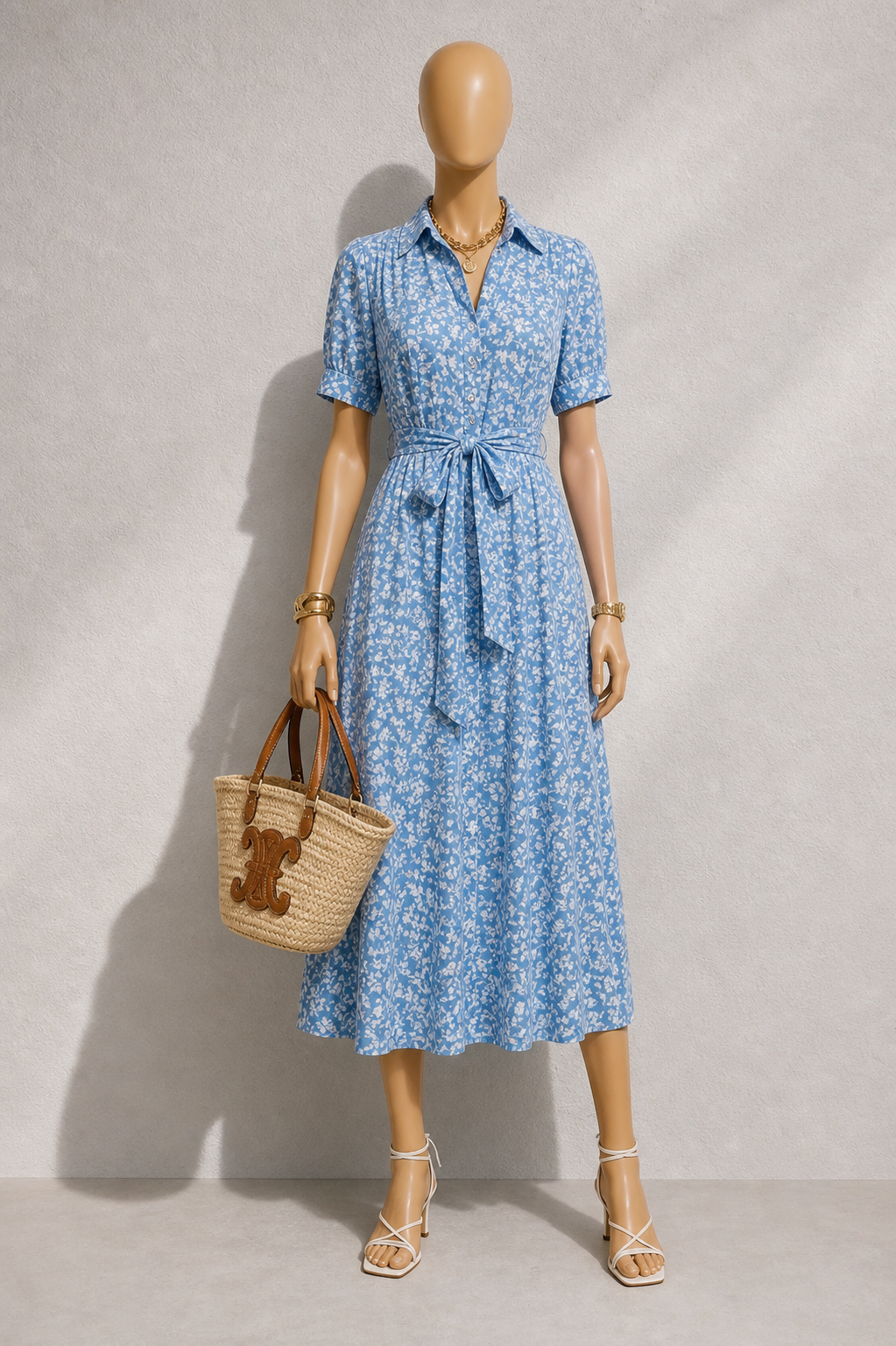 Inesa Negative Floral Print Short Sleeve Midi Shirt Dress - Blue