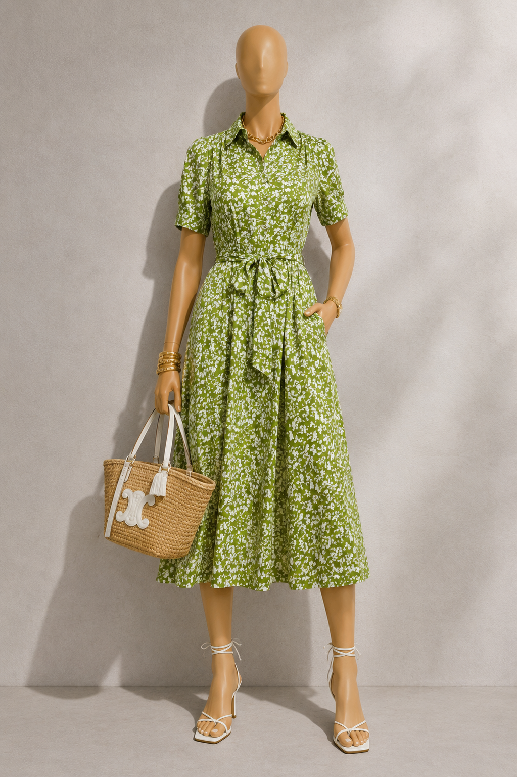 Inesa Negative Floral Print Short Sleeve Midi Shirtdress - Green