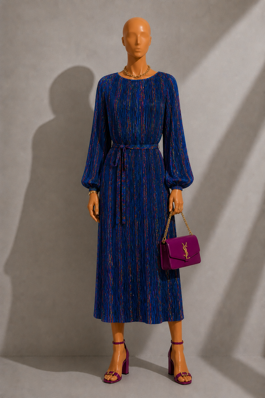 Milene Abstract Pleat Tie Waist Midi Dress