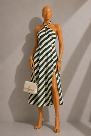 Geri Diagonal Lines Print Halter Midi Dress - Green
