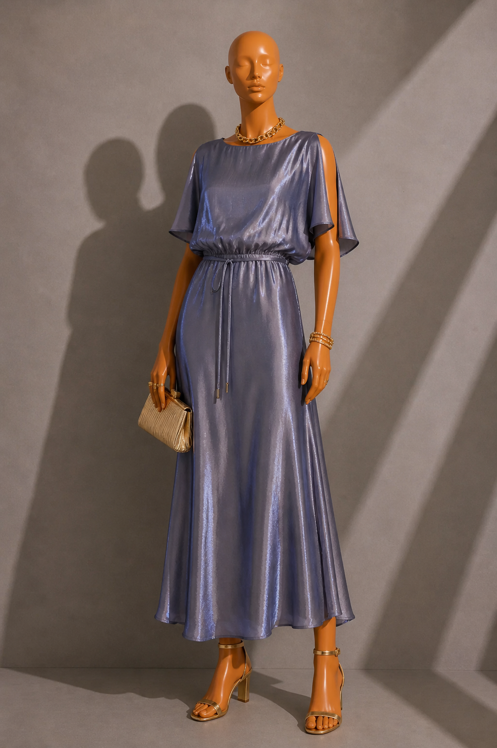 Basford Iridescent Cape Sleeve Midi Dress in Navy