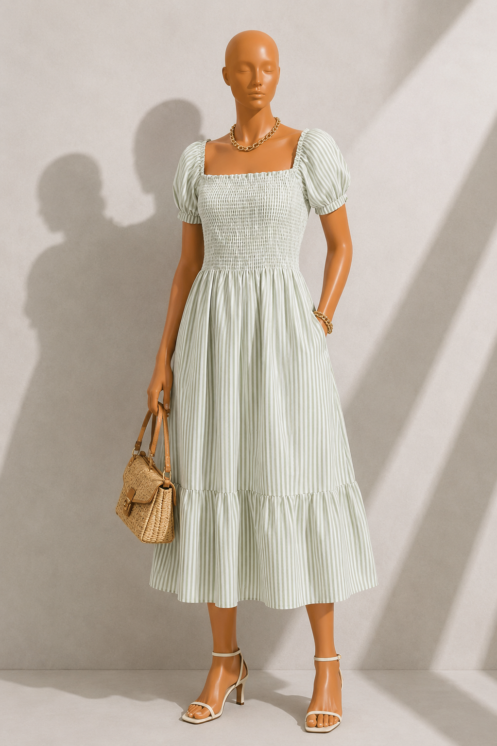 Babette Sail Stripe Shirred Bodice Midi Dress Green