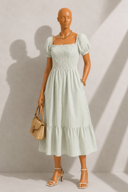 Babette Sail Stripe Shirred Bodice Midi Dress Green