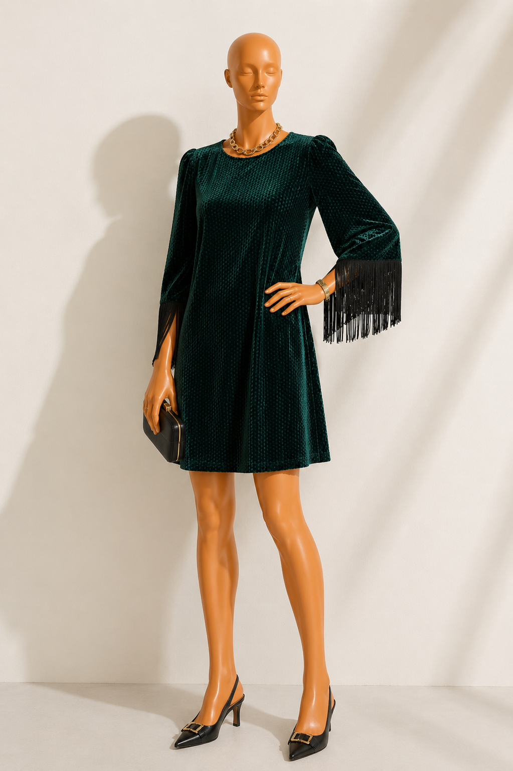 Rosamee Fringe Trim Sleeve Mini Dress in Green
