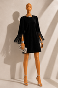 Rosamee Fringe Trim Sleeve Mini Dress in Black