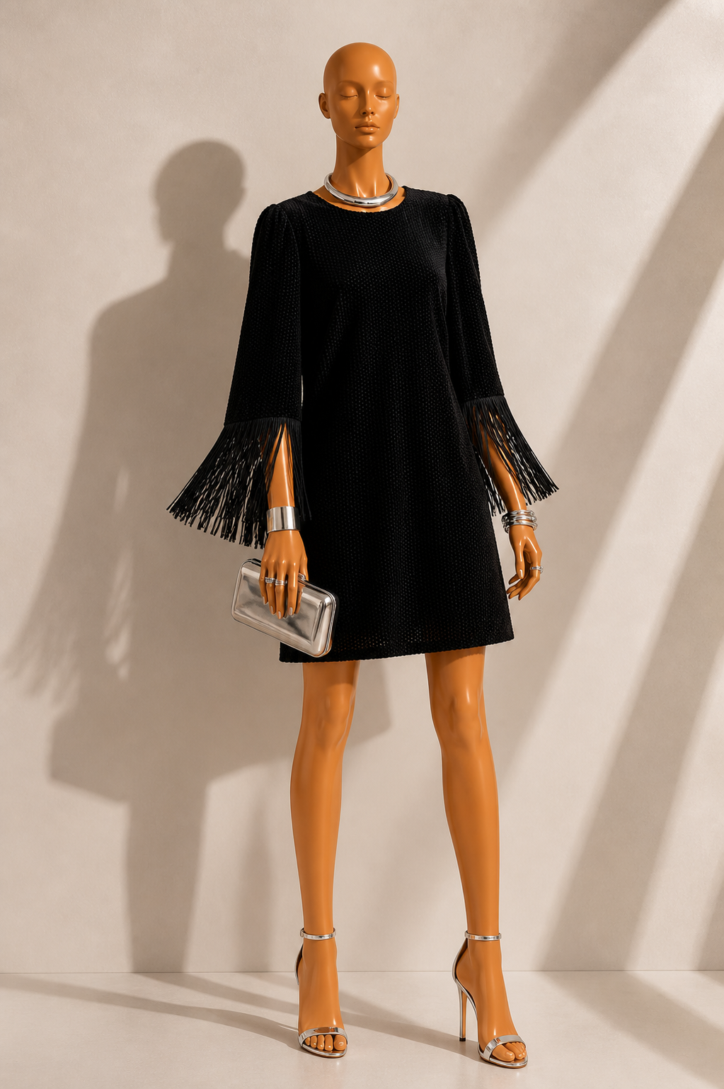Rosamee Fringe Trim Sleeve Mini Dress in Black