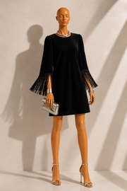 Rosamee Fringe Trim Sleeve Mini Dress in Black