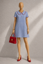 Dot Gingham Ric Rac Trim Statement Collar Mini Dress - Blue