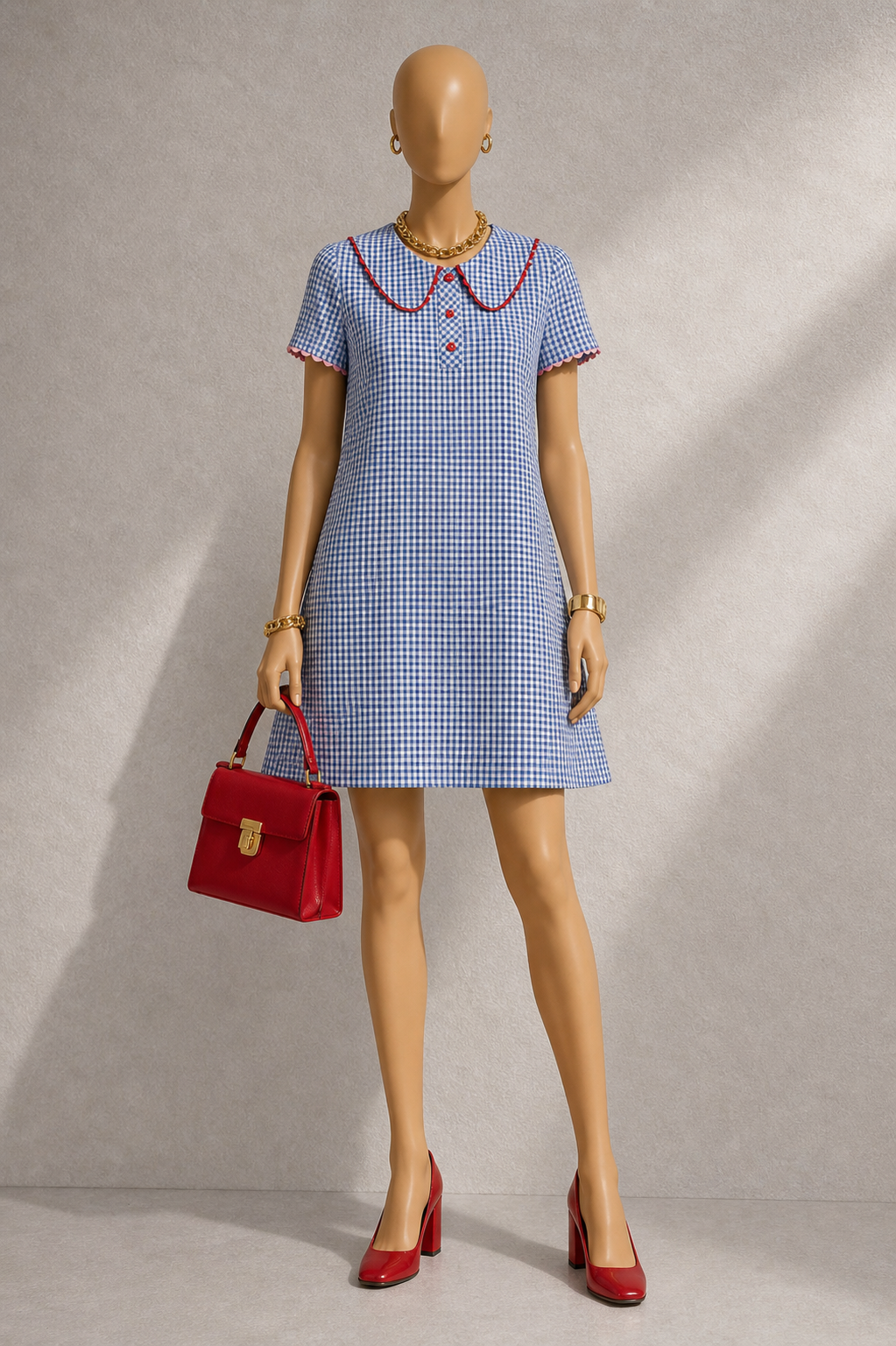 Dot Gingham Ric Rac Trim Statement Collar Mini Dress - Blue