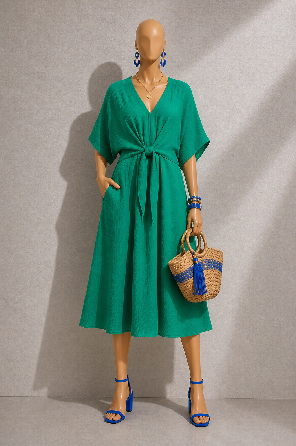 Elody Double Gauze Tie Waist Midi Dress - Green