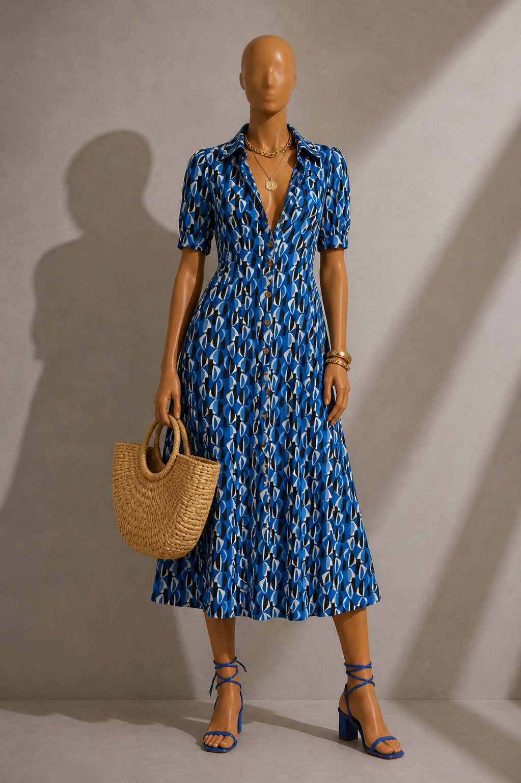 Wanda Mid Century Retro Print Midi Dress - Blue