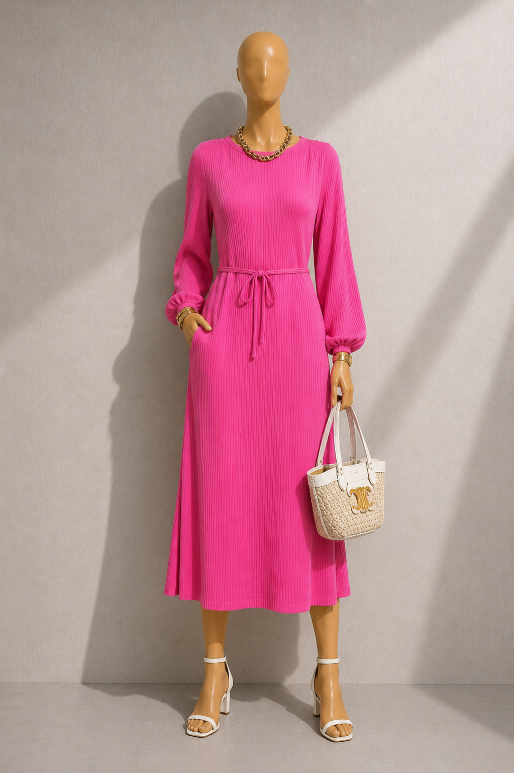 Milene Pleat Long Sleeve Midi Dress - Pink
