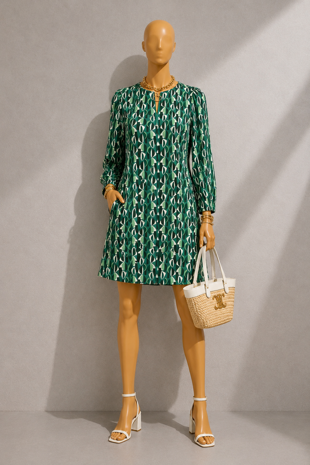Gwenola Mid Century Retro Print Mini Dress - Green