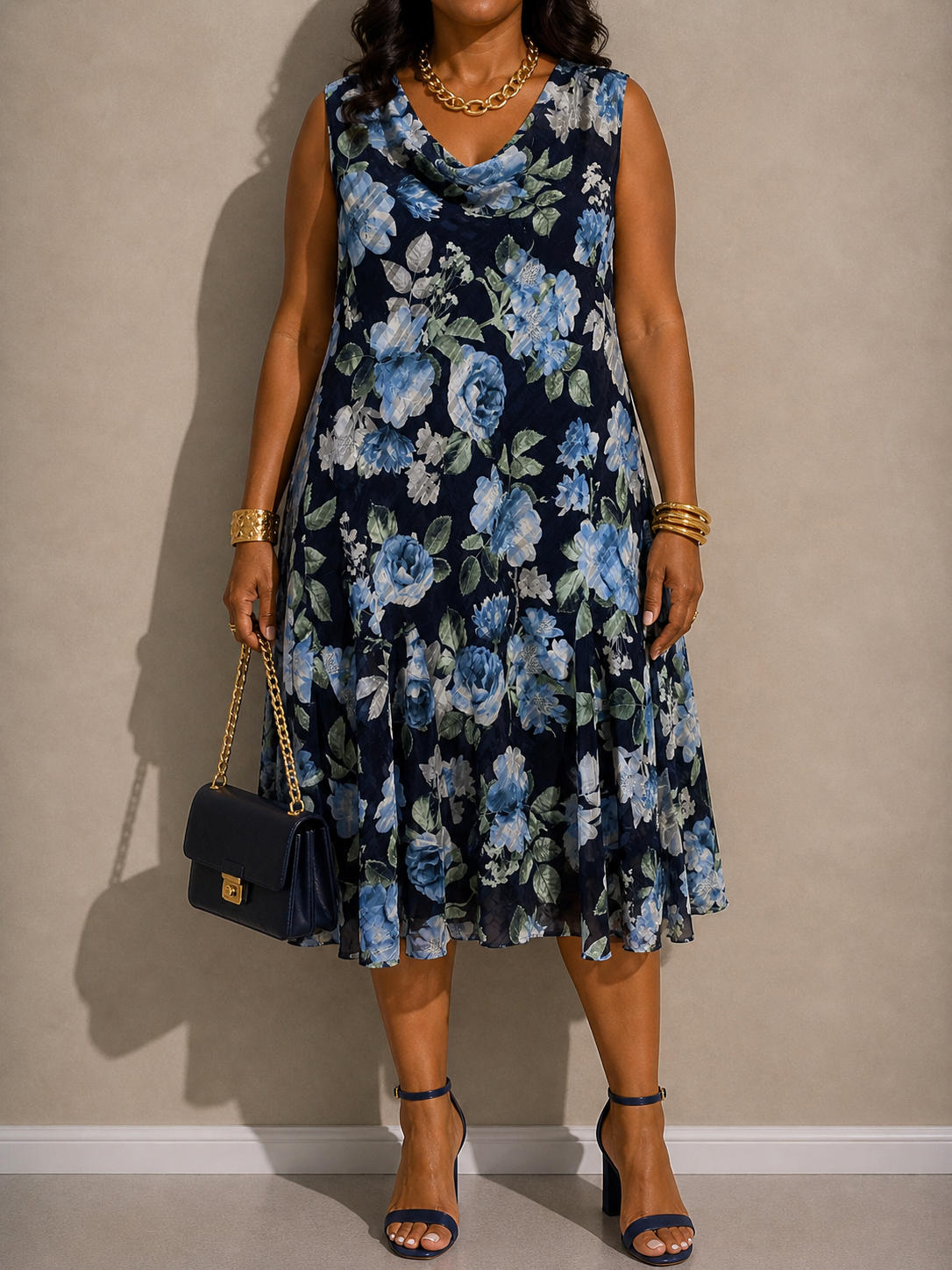 Navy Blue Floral Midi Dress